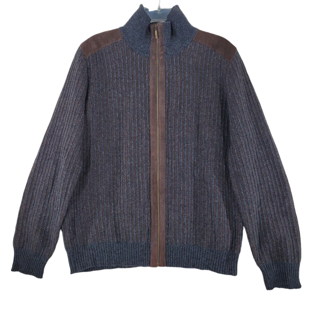 Vtg Moncler Sweater Men L Brown Gray Wool Blend Full Zip Suede Detail. Italy - Picture 11 of 12